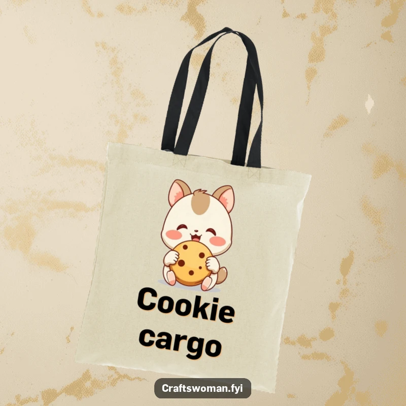 Funny Cookie Lover Tote Bag: A joyful animal character admires a freshly baked cookie with its happy little hands, perfect for carrying snacks and treats.