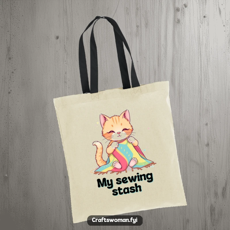 Funny tote bag featuring a happy cat sewing a colorful textile with large needles, perfect for carrying sewing supplies and everyday items.