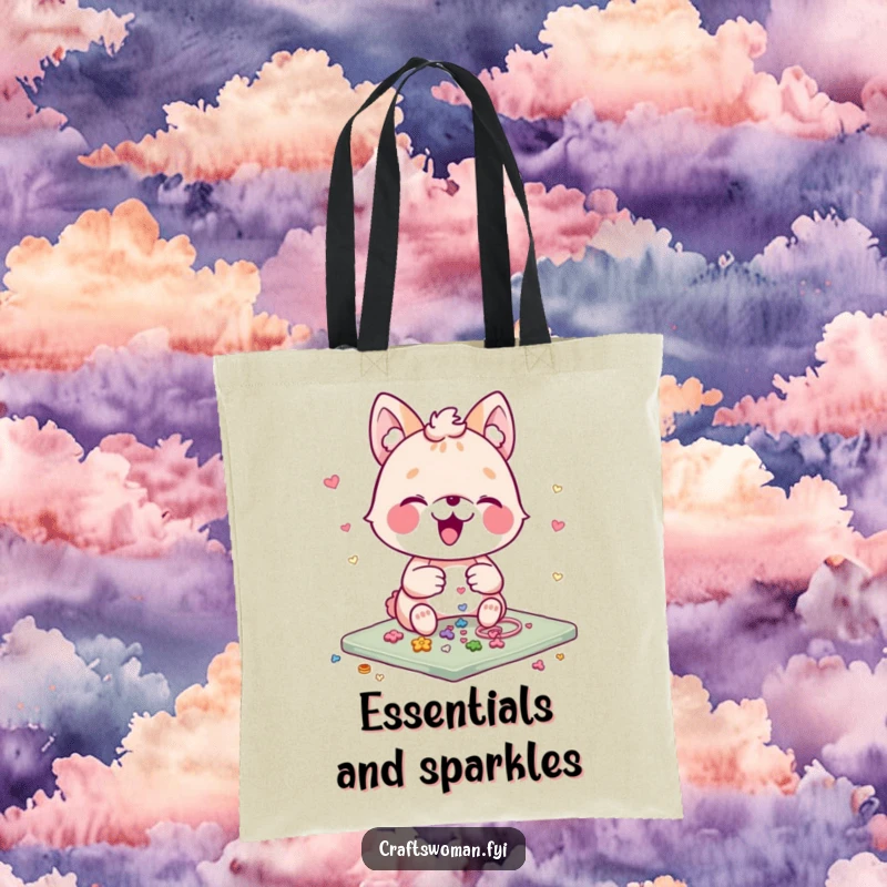 Funny Craft Project Tote Bag: An animal character gleefully arranges small embellishments on a craft project, perfect for carrying art supplies and tools.