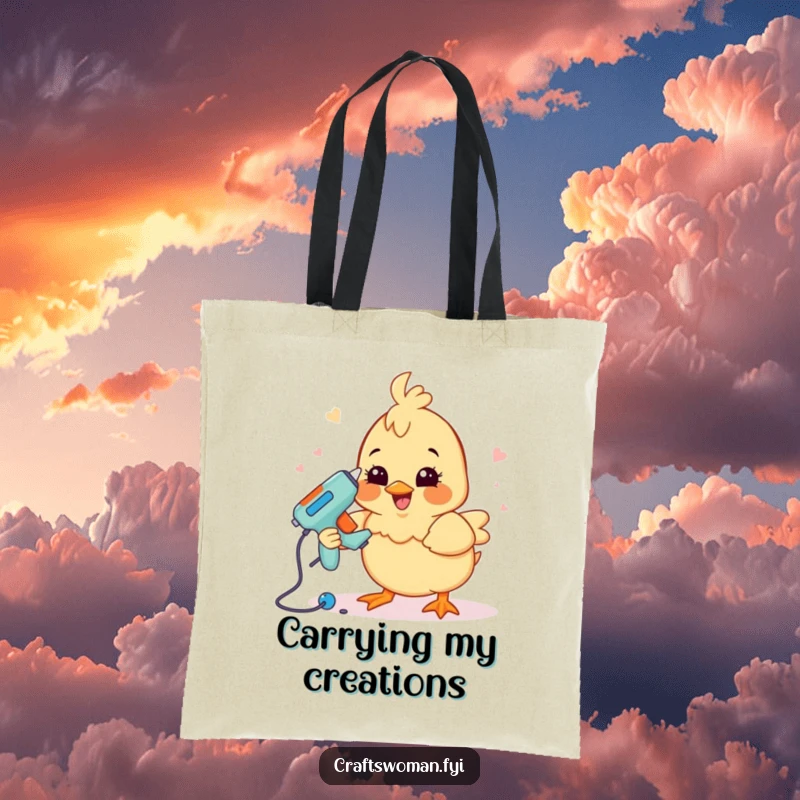 Funny crafting chick tote bag depicting a happy chick with a grin using a glue gun to assemble a project, perfect for crafters.