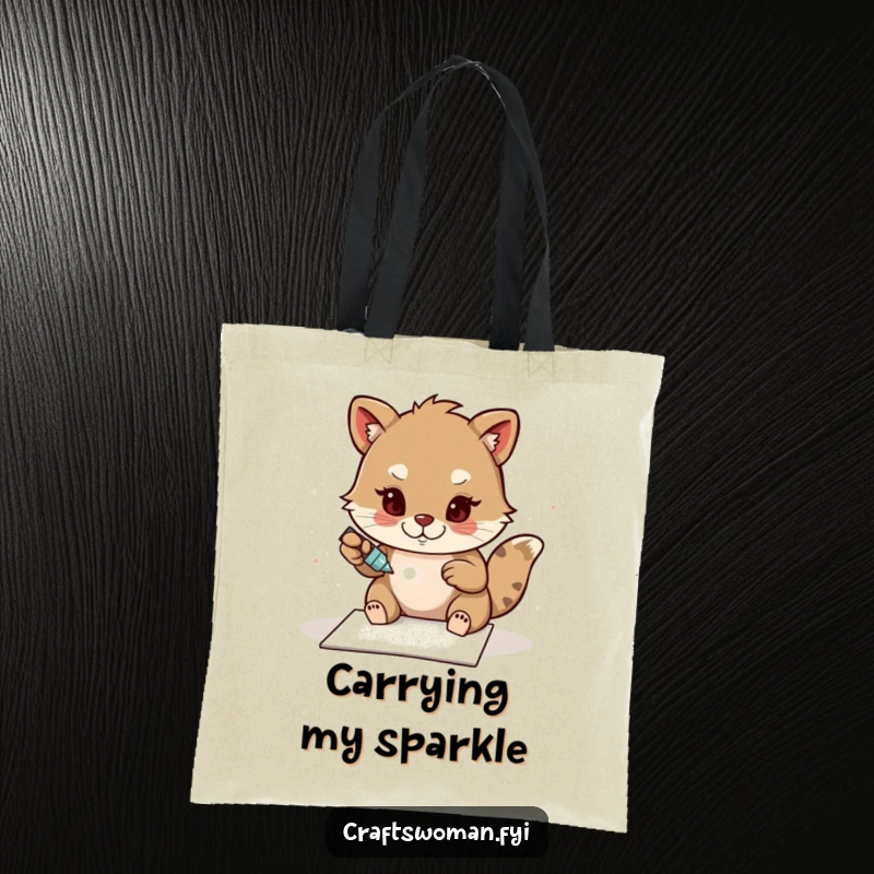 Funny Glitter Card Tote Bag: A determined animal character glues sparkling glitter onto a handmade card, perfect for carrying craft supplies and projects.