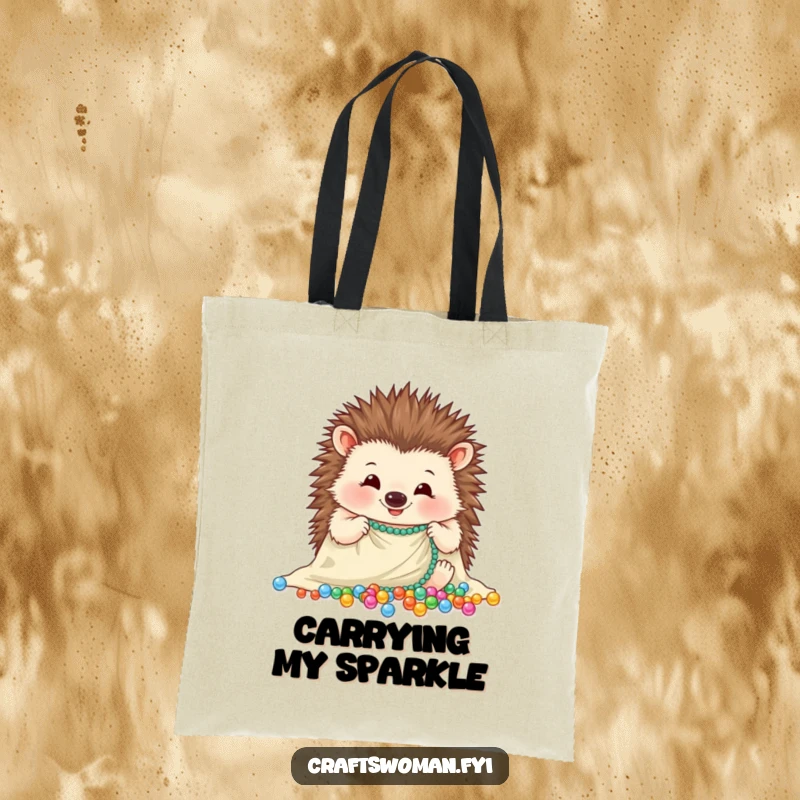 Funny hedgehog tote bag featuring a cheerful hedgehog carefully arranging sparkling beads onto a piece of cloth, spacious and stylish.