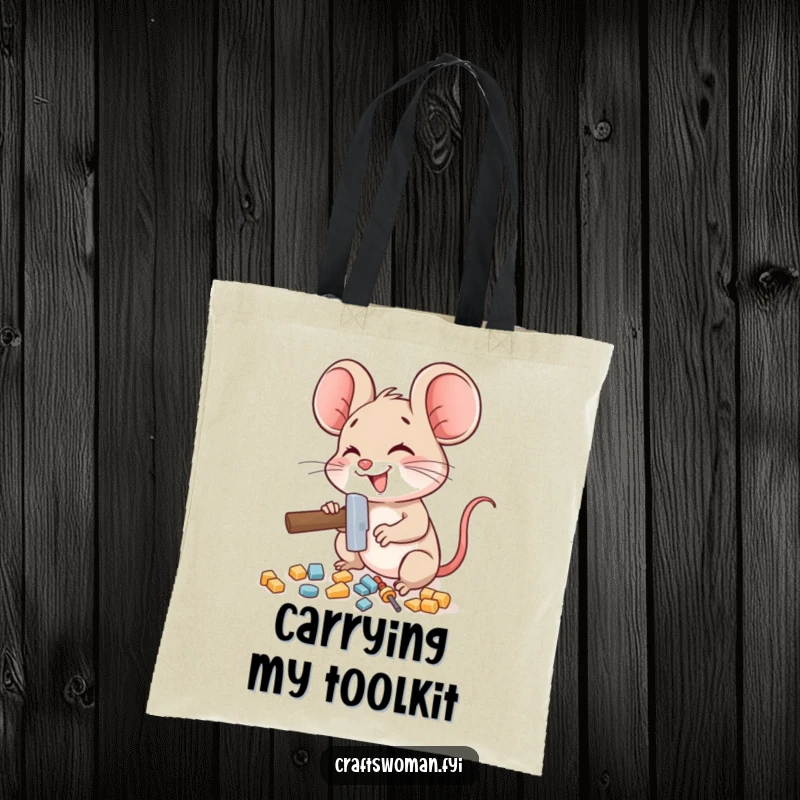 Funny mouse tote bag featuring a delighted mouse character using a miniature hammer to assemble small pieces, perfect for supplies.