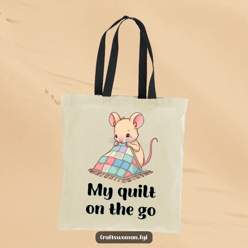 Funny Mouse Tote Bag with a nimble mouse sewing patches onto a miniature quilt, perfect for carrying sewing supplies humorously.