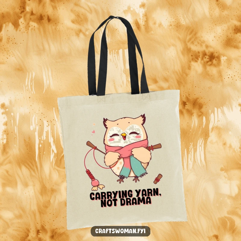 Funny tote bag with a cute owl character excitedly weaving a scarf with oversized needles, ideal for carrying craft supplies.