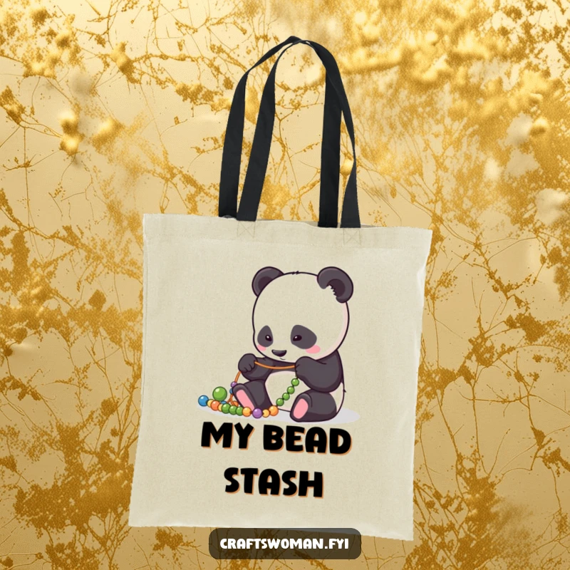 Funny Tote Bag: Focused panda character meticulously arranging colorful beads onto a string, ready for action.