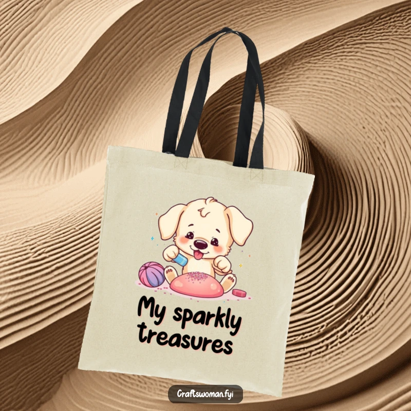 Funny puppy tote bag featuring a playful puppy excitedly adding glitter to a vibrant craft creation, perfect for supplies.