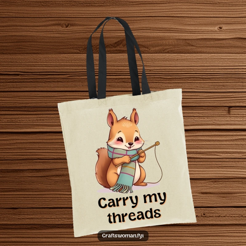 Funny Tote Bag of a cute squirrel happily stitching a vibrant scarf with a large needle, for yarn lovers.