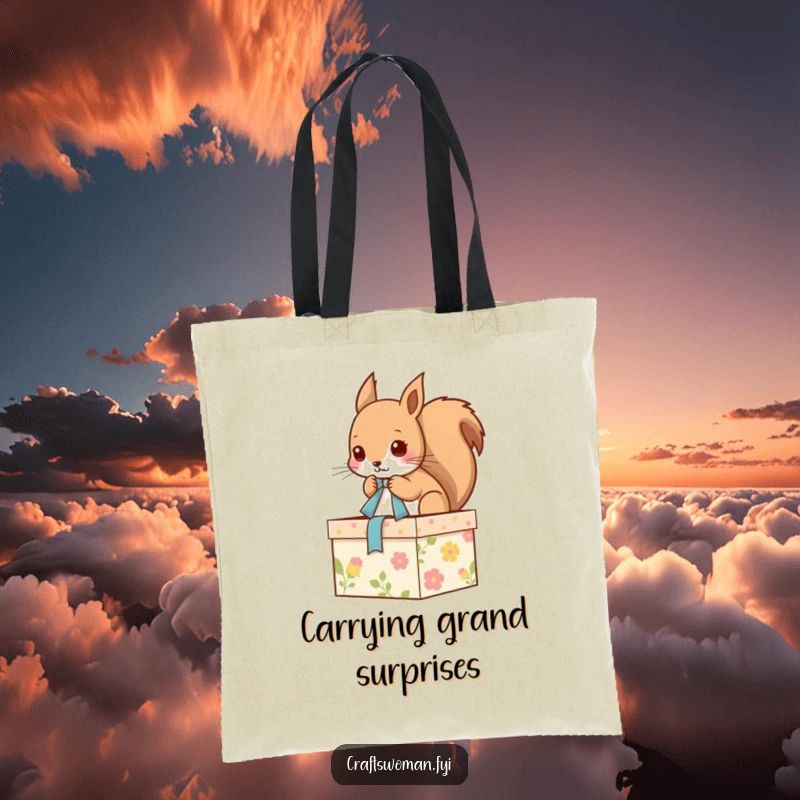Funny tote bag with a skilled squirrel expertly tying a ribbon on a nicely decorated gift box, ideal for craft supplies or everyday use.