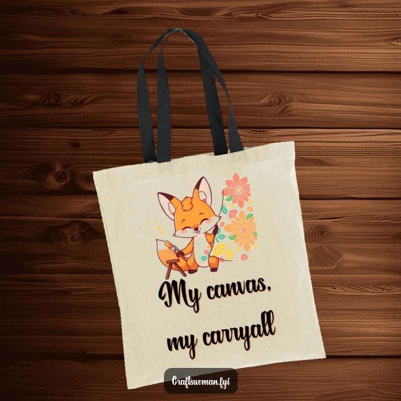 Funny fox tote bag showing a determined character enthusiastically painting a vibrant pattern onto fabric, useful and fun.
