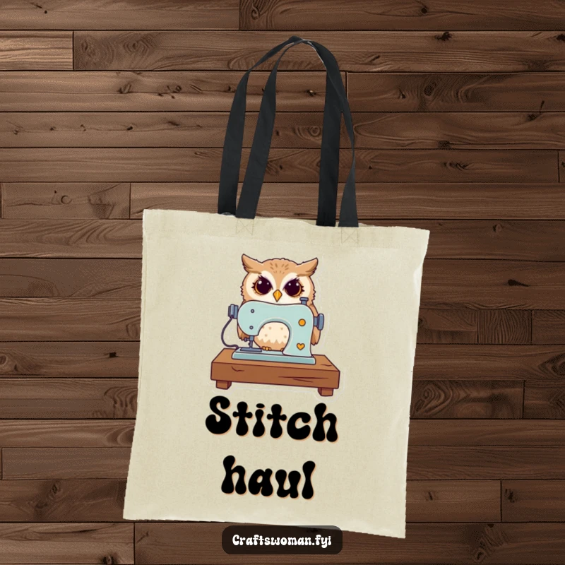 Funny tote bag with a curious owl expertly operating a miniature sewing machine, perfect for carrying sewing supplies.