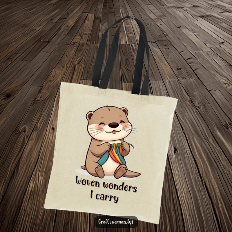 Funny tote bag featuring a gleeful otter weaving colorful material with precision, great for carrying art supplies or daily essentials.